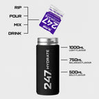 Black 24/7 Hydrate bottle with a sachet above it on a white background