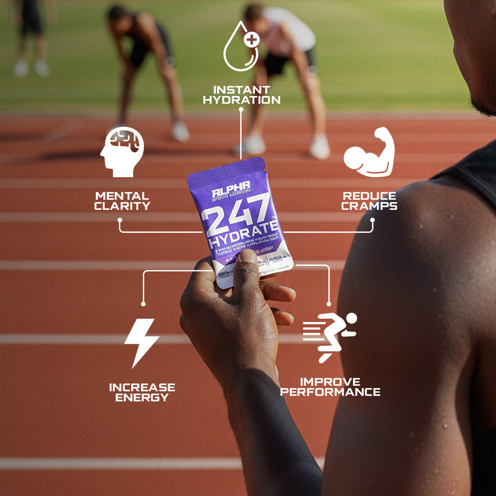Person holding a 247 Hydrate packet on a track with hydration benefits illustrated.