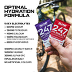 Hand holding two Alpha 247 Hydrate packets with product details on a blurred outdoor background