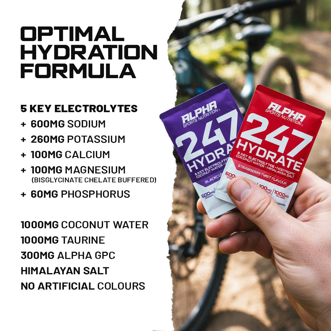 Hand holding two Alpha 247 Hydrate packets with product details on a blurred outdoor background