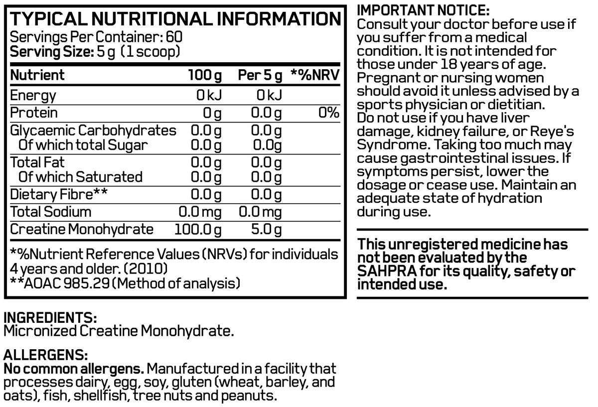 Nutritional information and ingredient label for a product, likely a supplement, with detailed nutritional facts and allergen information.