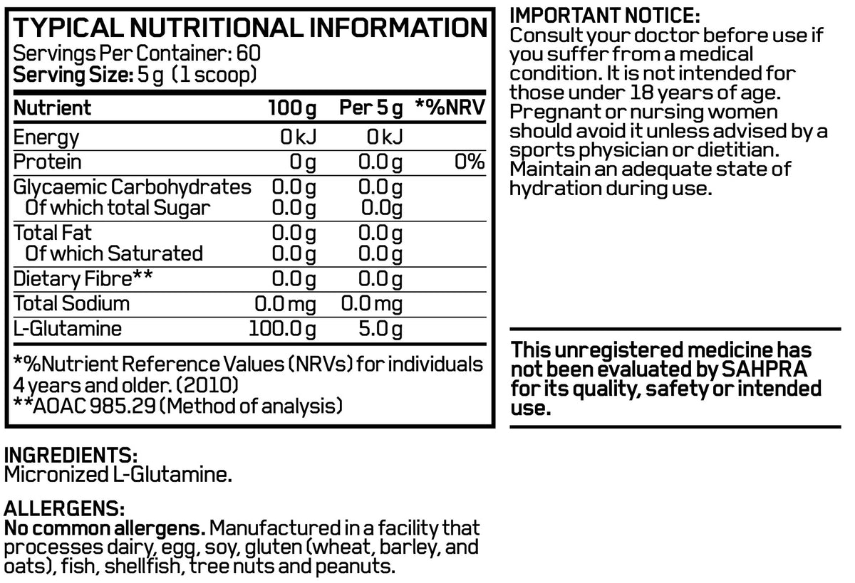 Nutritional information and ingredient label for a supplement product.