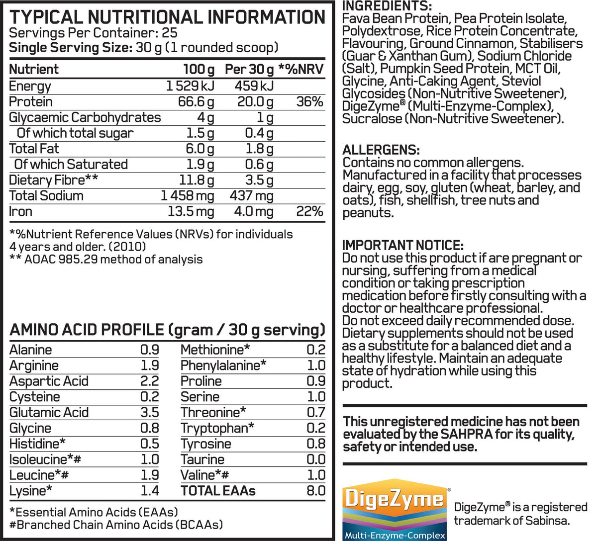 Nutritional information and ingredient list for a supplement product with DigeZyme branding.