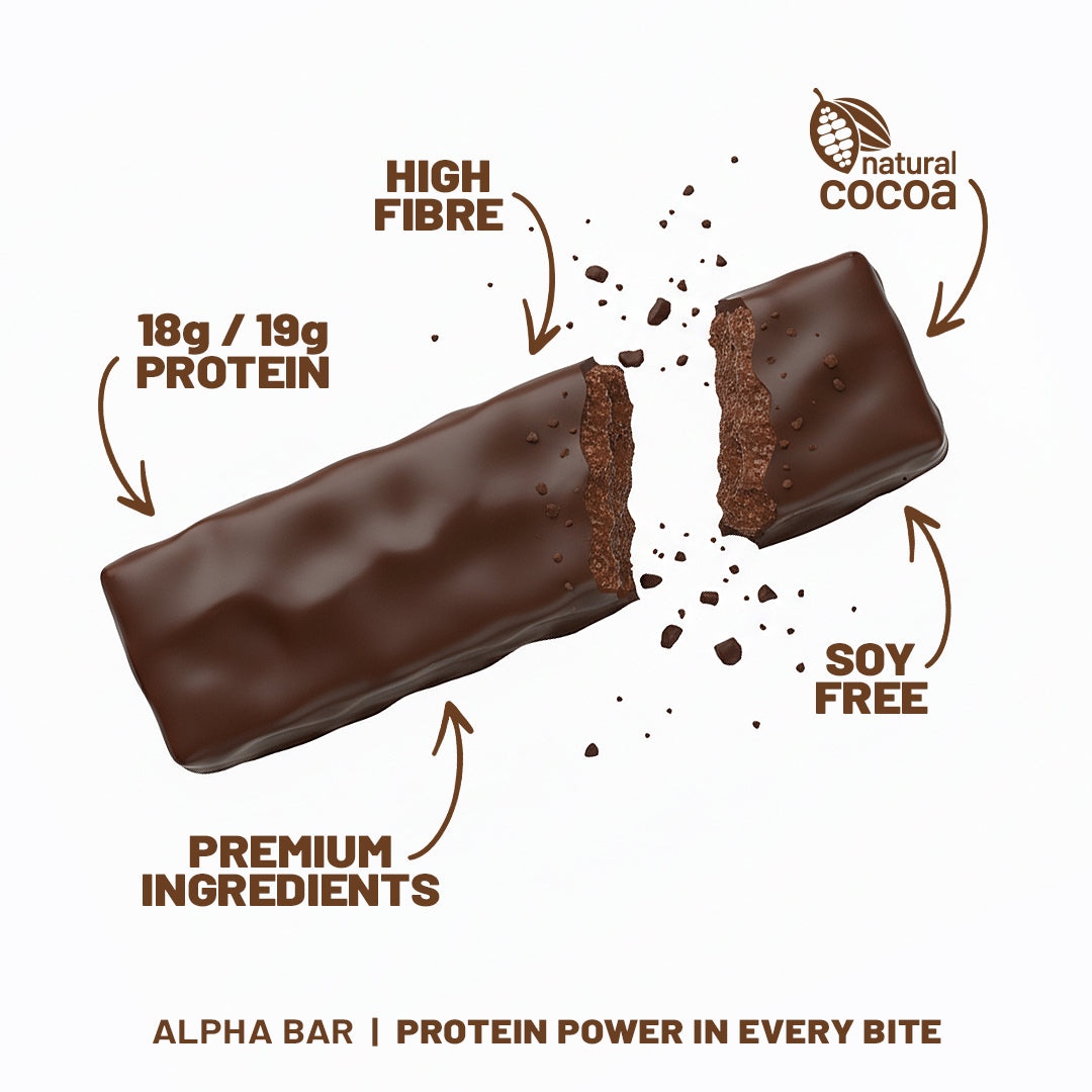 Chocolate protein bar with text highlighting its features on a white background
