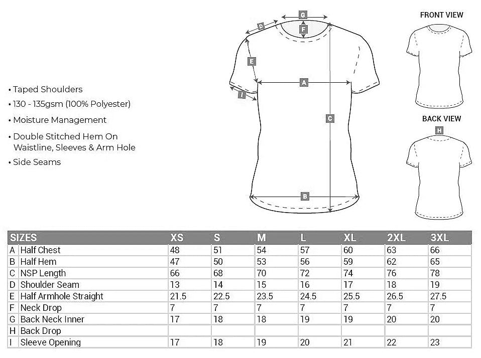 Measurement chart for a t-shirt with front, back, and side views on a white background.