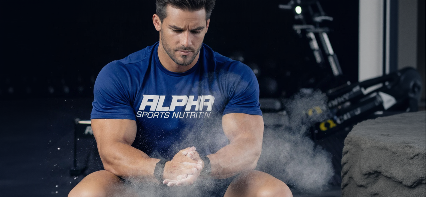 Man in Alpha Sports Nutrition t-shirt sitting on a tire in a gym setting