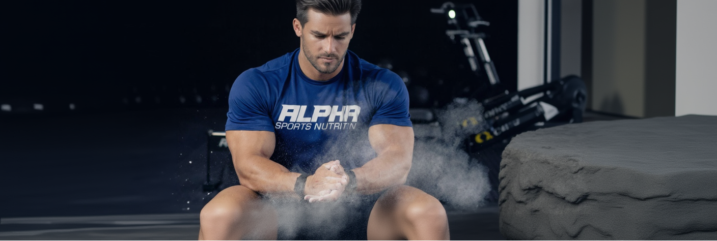 Man in a gym setting with 'Alpha' shirt, sitting on a tire with smoke effect.