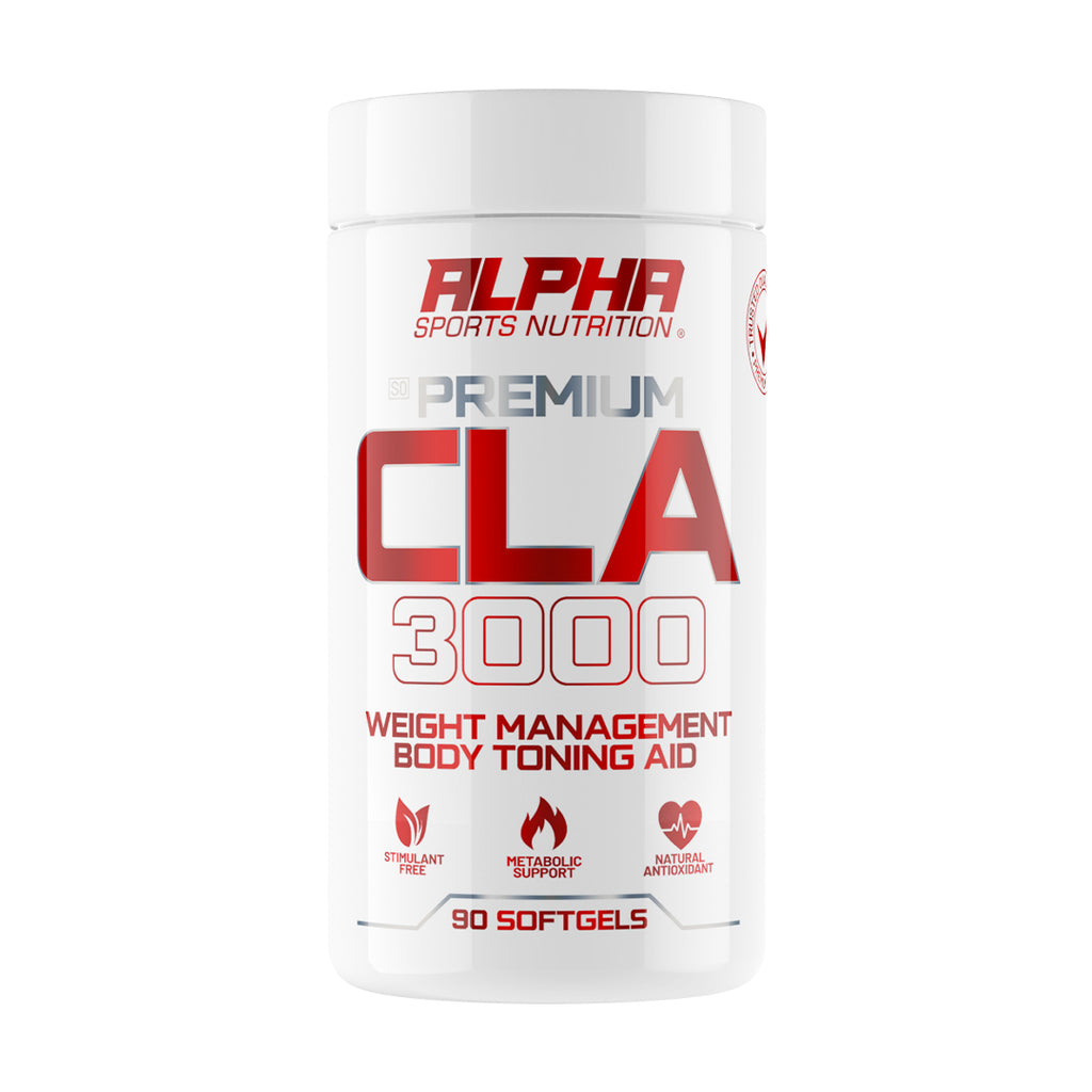 Alpha Sports Nutrition Premium CLA 3000 supplement container on a white background