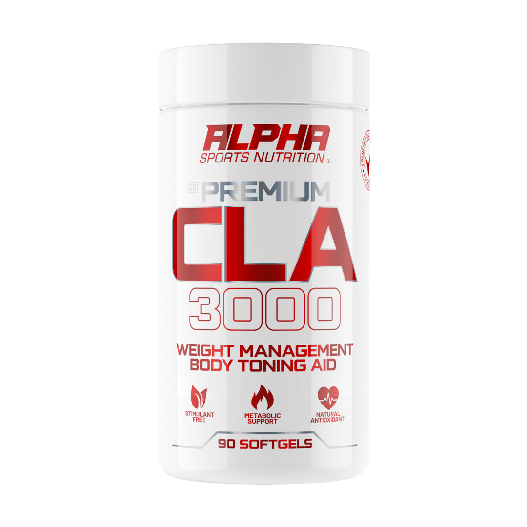 Alpha Sports Nutrition Premium CLA 3000 supplement container on a white background