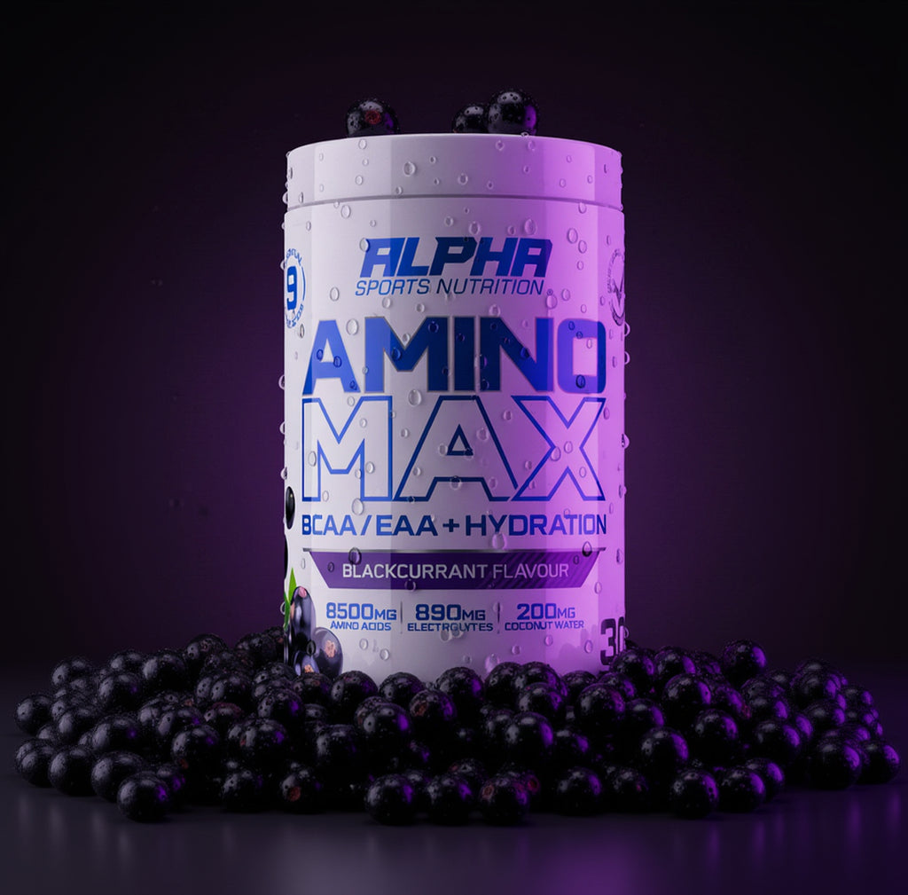 Alpha Sports Nutrition Amino Max supplement container with blackcurrants on a dark background
