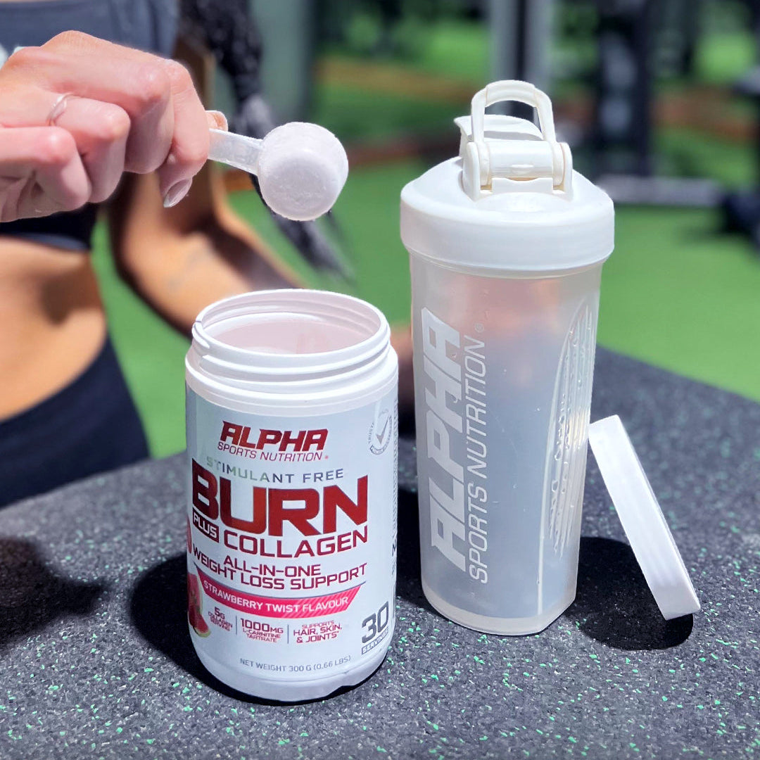 Alpha Sports Nutrition supplement container and shaker bottle with a person using a scoop.