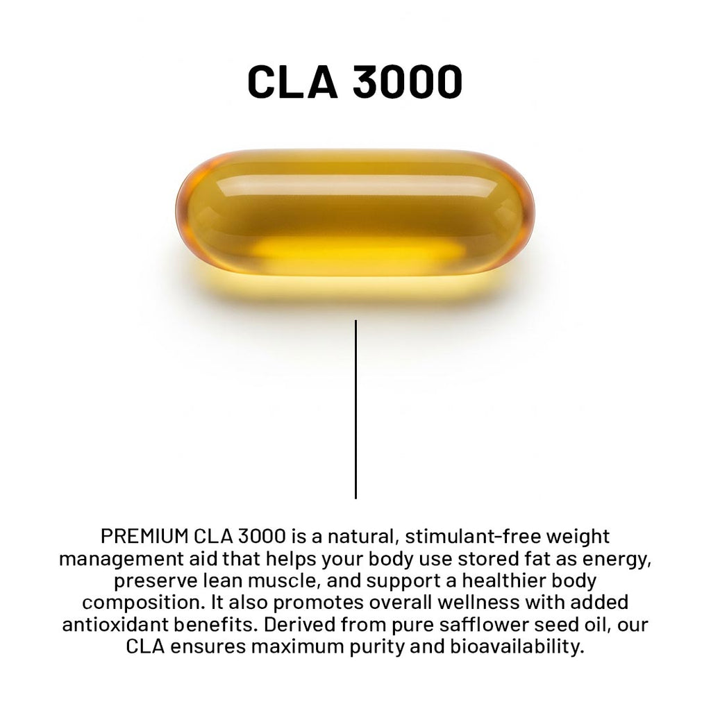 CLA 3000 supplement capsule on a white background with descriptive text.
