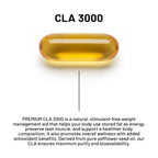 CLA 3000 supplement capsule on a white background with descriptive text.