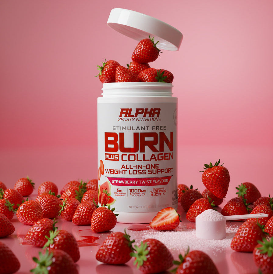Alpha Sports Nutrition Burn Plus Collagen supplement container with strawberries on a pink background