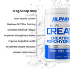 Alpha Sports Nutrition Creatine Monohydrate supplement with benefits listed on a white background