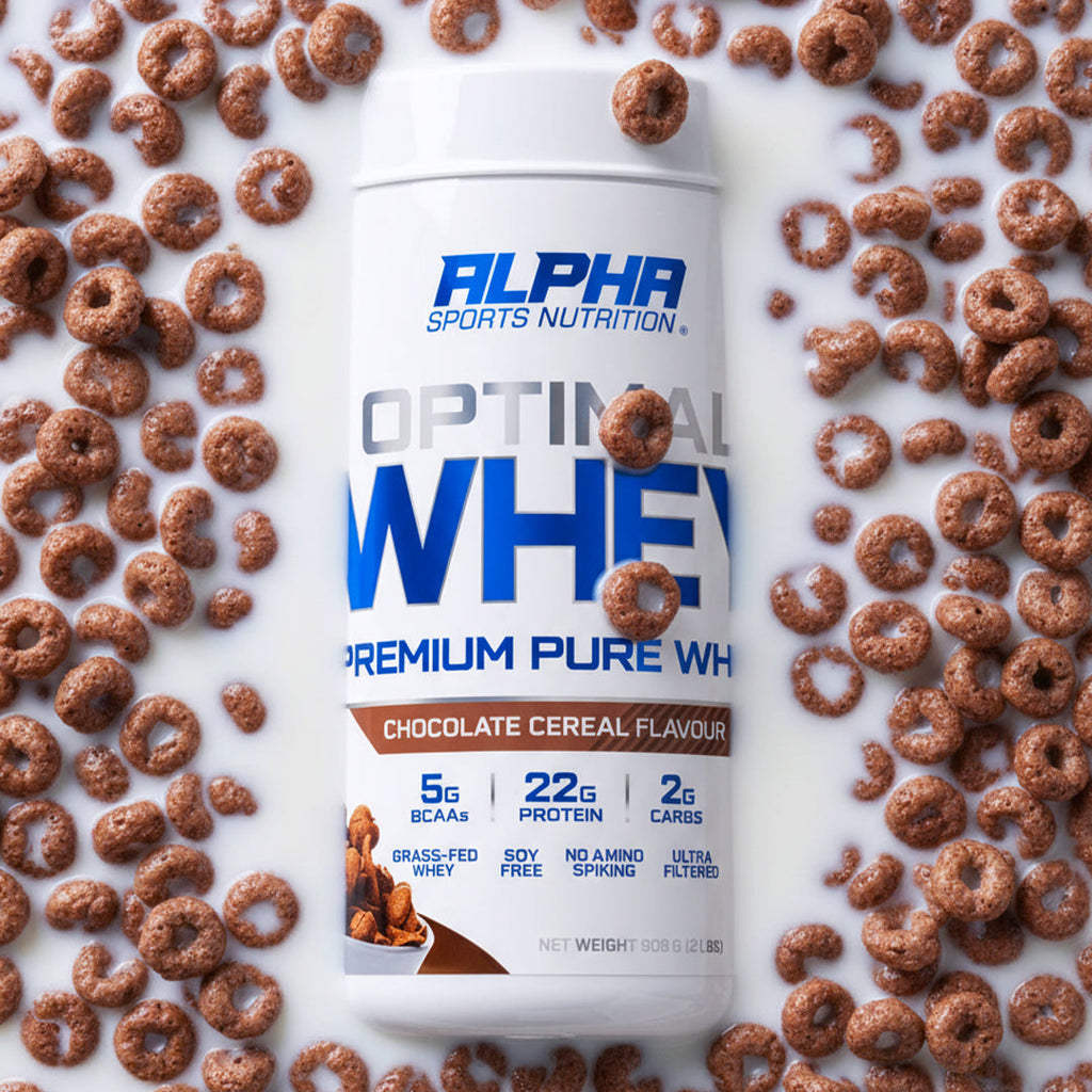 Alpha Sports Nutrition Optimal Whey protein powder container surrounded by chocolate cereal loops.