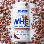 Alpha Sports Nutrition Optimal Whey protein powder container surrounded by chocolate cereal loops.