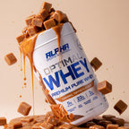 Alpha Sports Nutrition Optimal Whey protein powder with caramel toffee flavor on a beige background