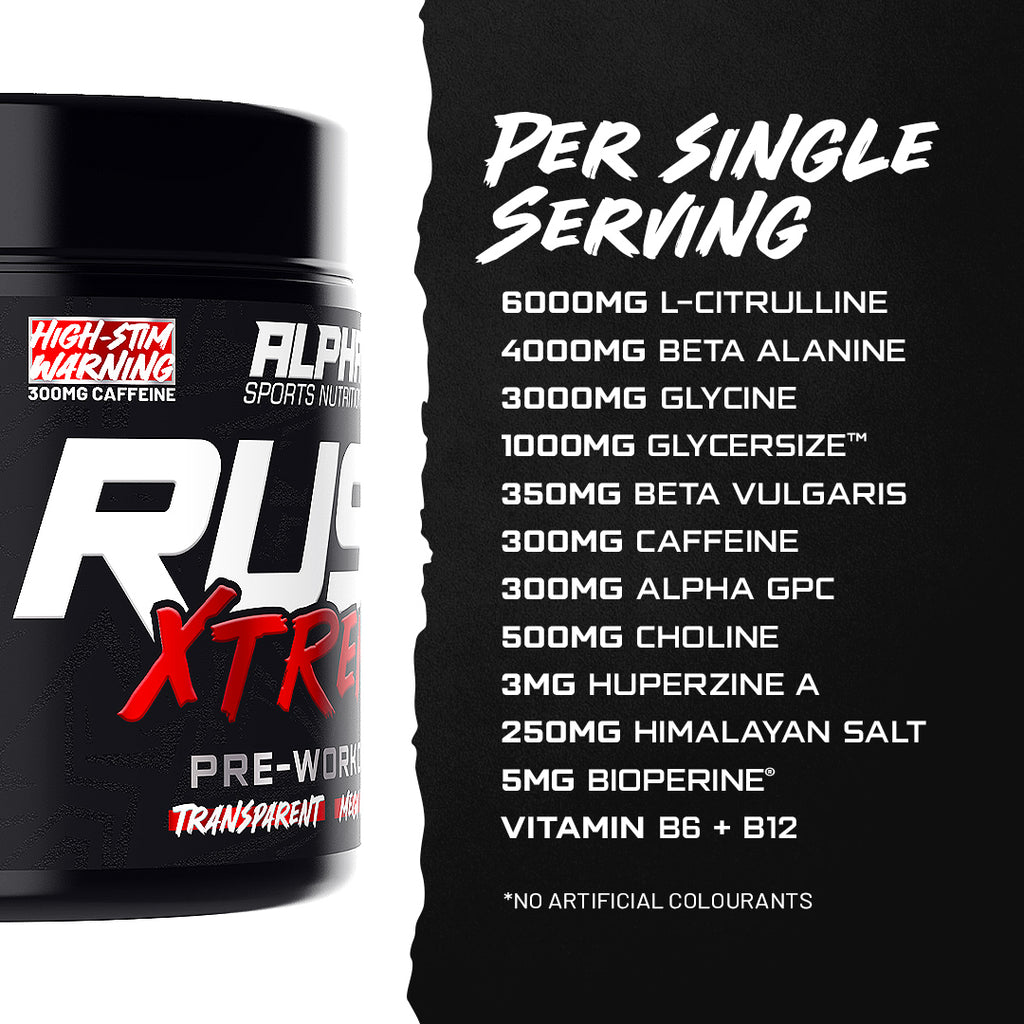 Pre-workout supplement container with ingredient list on a black background