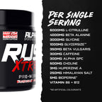 Pre-workout supplement container with ingredient list on a black background