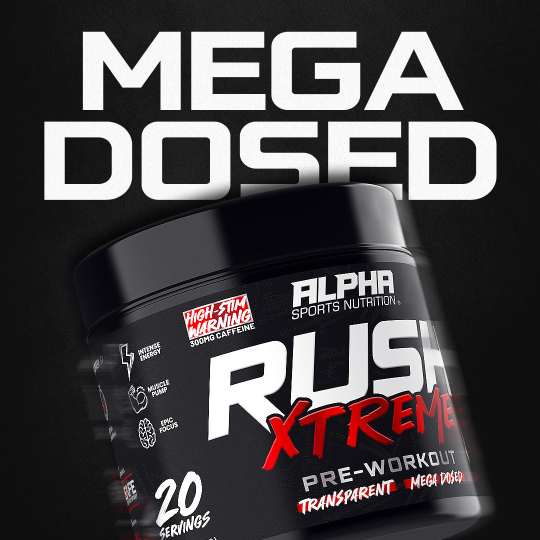Alpha Sports Nutrition Rusa Xtreme pre-workout supplement container with 'Mega Dosed' text on a black background.