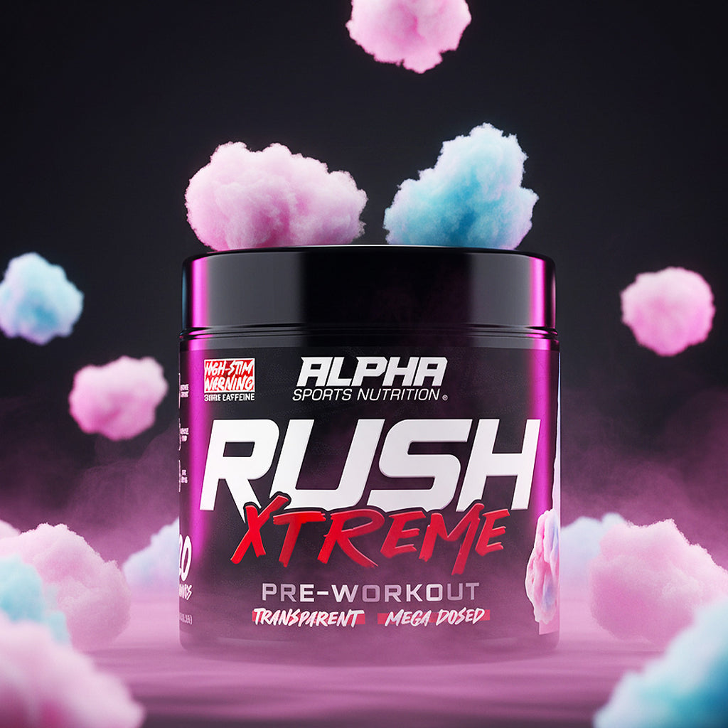 Alpha Sports Nutrition Rush Extreme pre-workout supplement container with colorful clouds in the background