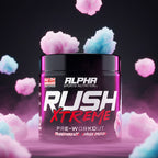 Alpha Sports Nutrition Rush Extreme pre-workout supplement container with colorful clouds in the background