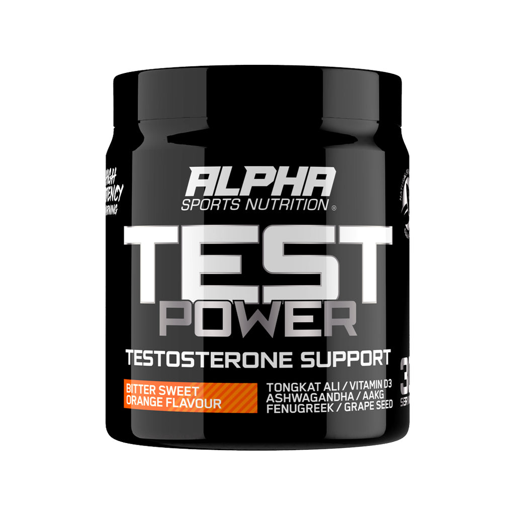 Alpha Sports Nutrition Test Power supplement container on a white background