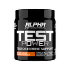 Alpha Sports Nutrition Test Power supplement container on a white background