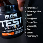 Alpha Sports Nutrition Test Power supplement container with ingredients listed on a dark background