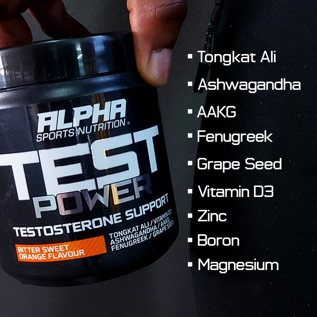 Alpha Sports Nutrition Test Power supplement container with ingredients listed on a dark background