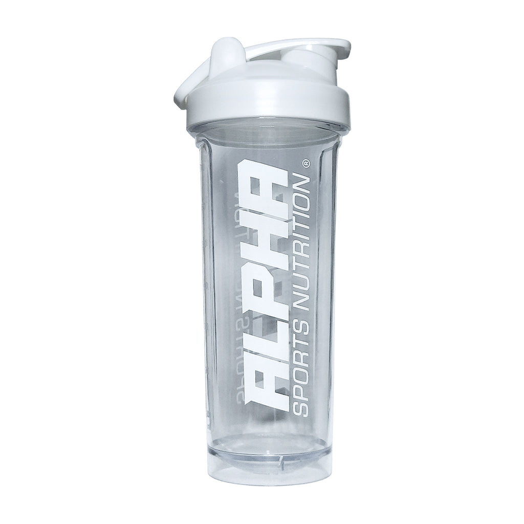 Clear shaker bottle with white cap and 'Alpha Sports Nutrition' branding on a white background