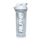 Clear shaker bottle with white cap and 'Alpha Sports Nutrition' branding on a white background