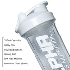 Clear protein shaker bottle with white lid featuring RPS Nutrition branding, listing product features on the left.