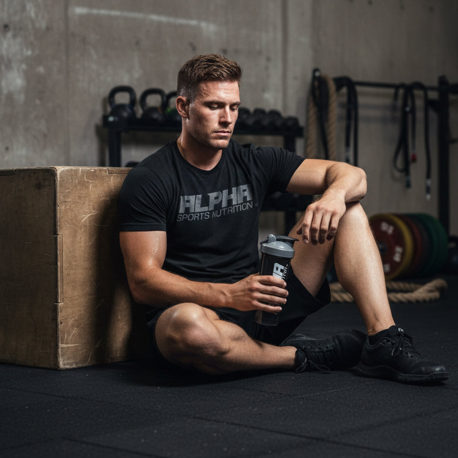 Man sitting on a wooden box in a gym holding a shaker bottle.