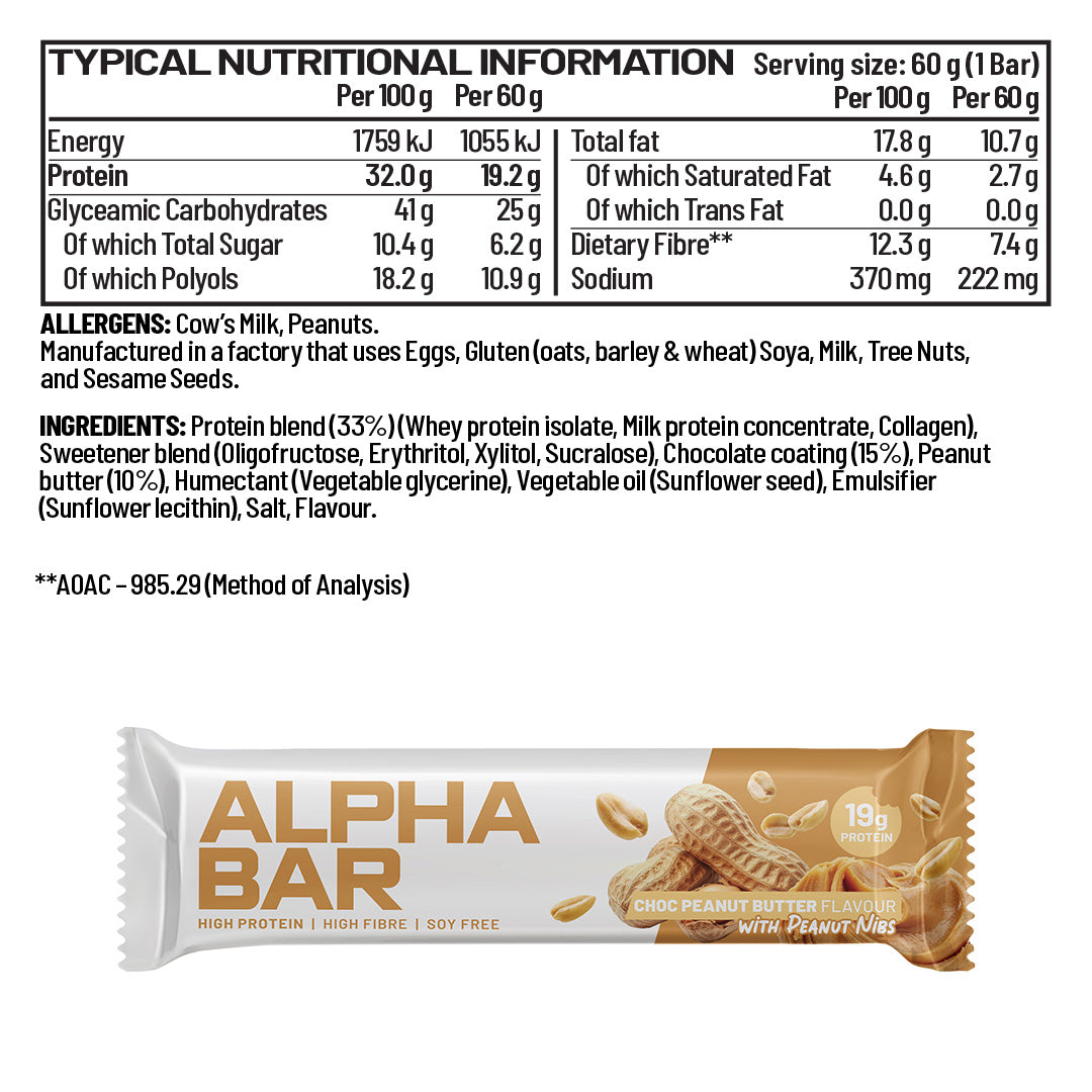 Nutritional information and packaging of an Alpha Bar protein bar on a white background