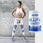 Woman in athletic wear standing next to a supplement container with text about muscle recovery and gut health.