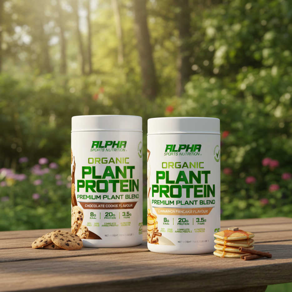 Two containers of Alpha Sports Nutrition Organic Plant Protein on a wooden table with a natural background