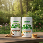 Two containers of Alpha Sports Nutrition Organic Plant Protein on a wooden table with a natural background
