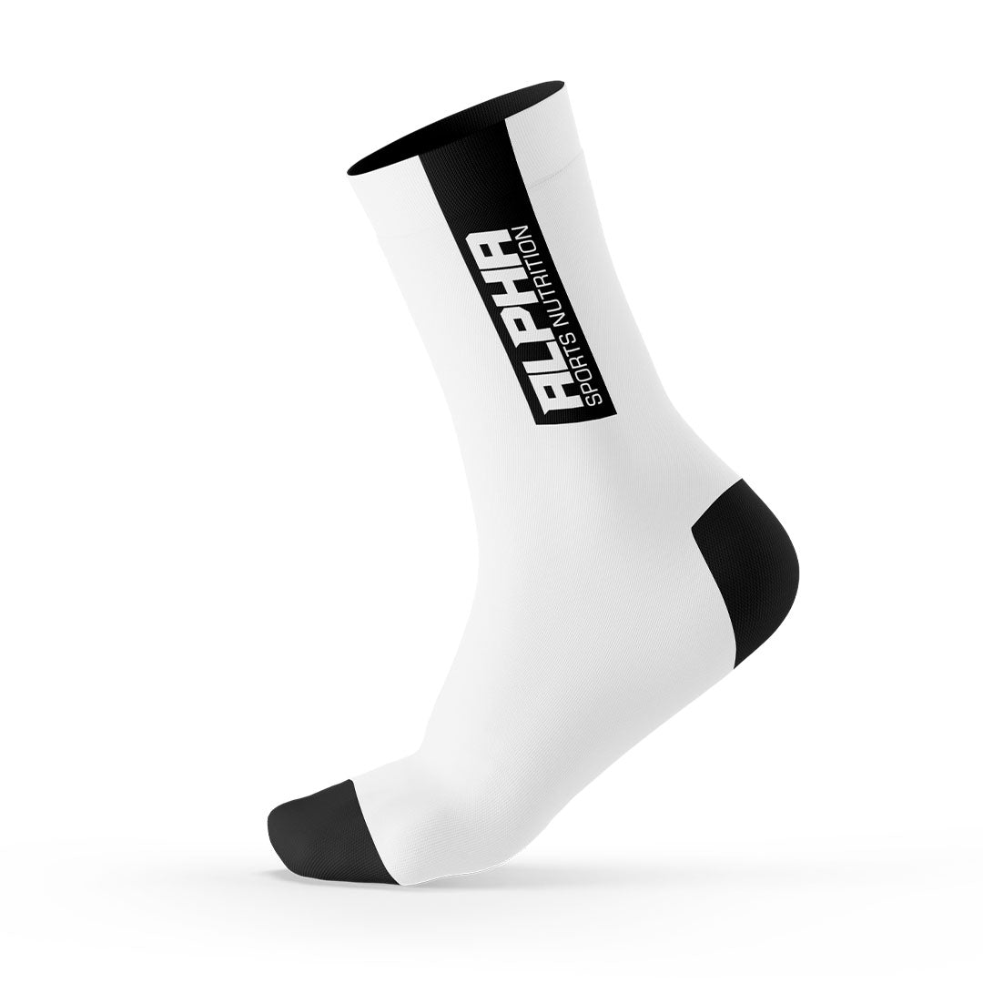 White sock with black accents featuring 'Alpha Sports Nutrition' branding on a white background
