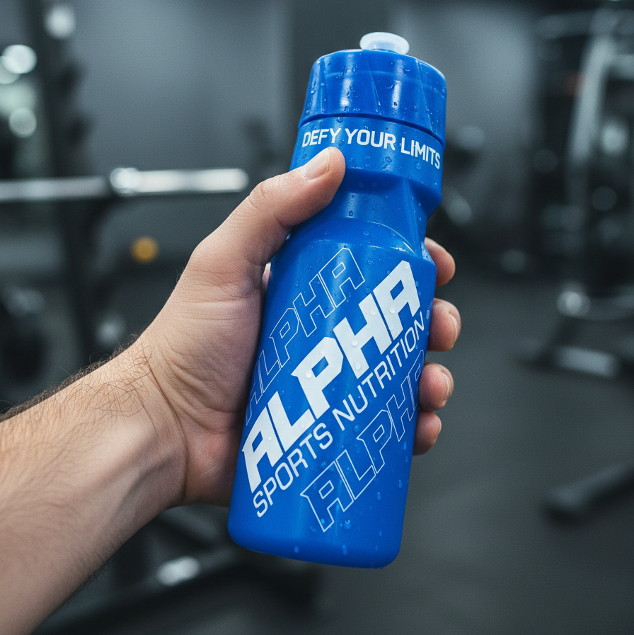 Hand holding a blue Alpha Sports Nutrition bottle in a gym setting