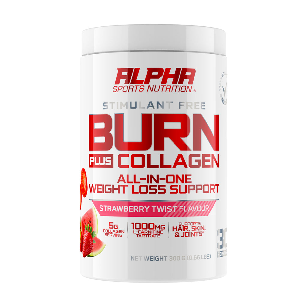 Alpha Sports Nutrition Burn Plus Collagen supplement container on a white background