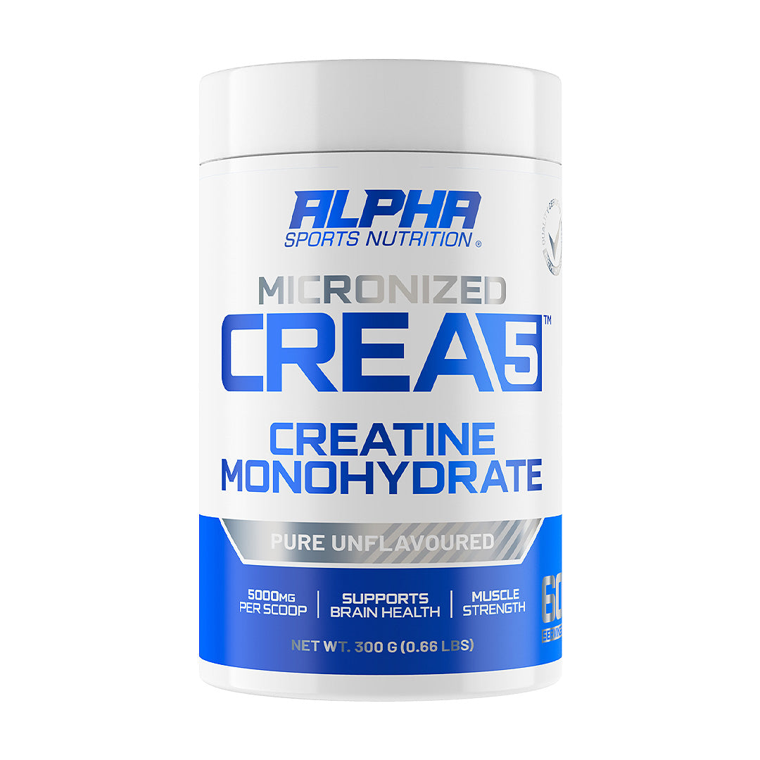 A white plastic tub of Alpha Sports Nutrition Micronized Creatine Monohydrate, featuring a white and blue label with silver accents, on a solid white background. Main image