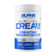 A white plastic tub of Alpha Sports Nutrition Micronized Creatine Monohydrate, featuring a white and blue label with silver accents, on a solid white background.