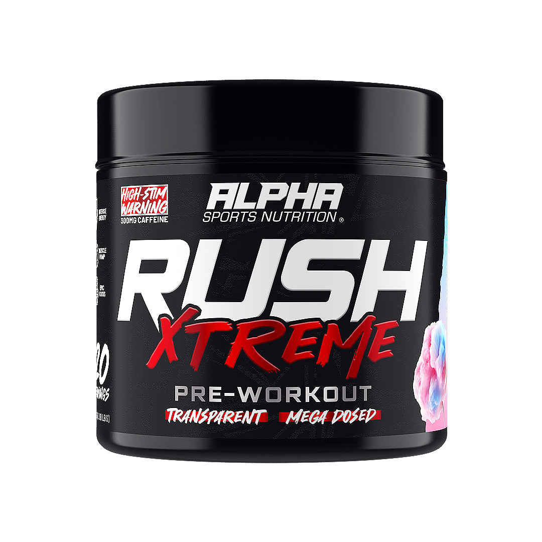 Alpha Sports Nutrition Rush Xtreme pre-workout supplement container on a white background Main image