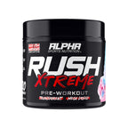 Alpha Sports Nutrition Rush Xtreme pre-workout supplement container on a white background