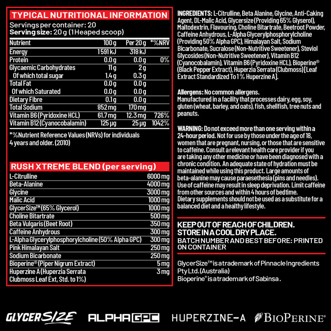 Nutritional information and ingredient list for a supplement labeled 'Rush Extreme Blend' with visible branding at the bottom.